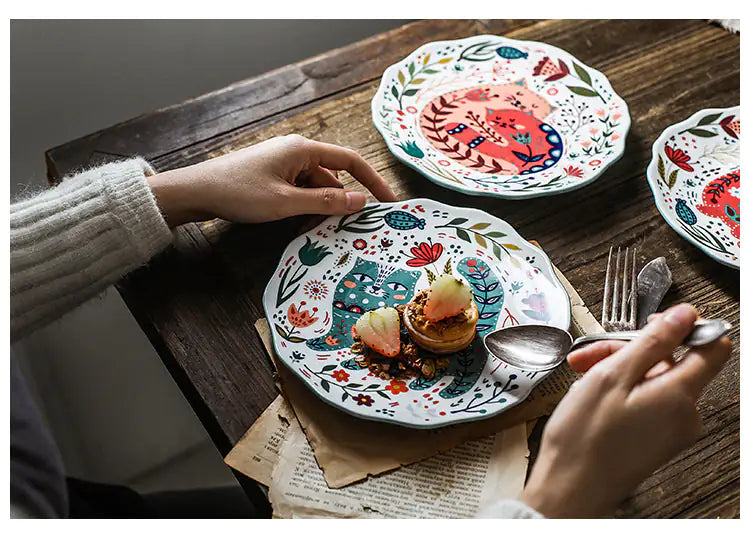 Colorful Flower Kitten Under Glazed Ceramic Dinner Plate
