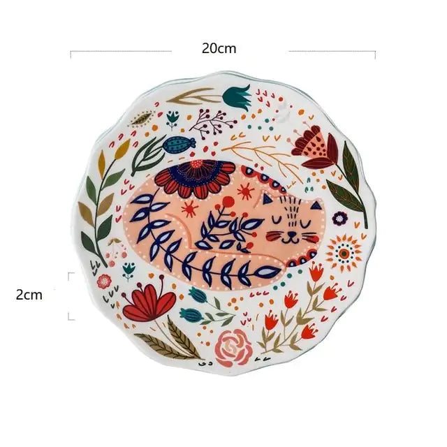 Colorful Flower Kitten Under Glazed Ceramic Dinner Plate
