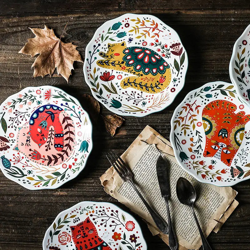 Colorful Flower Kitten Under Glazed Ceramic Dinner Plate