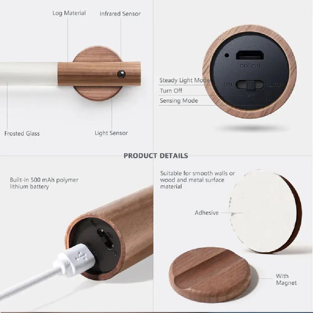 Magnetic LED Wooden Night Light – USB Rechargeable Protable Wall Lamp for Home & Bedroom (Minimalist & Touch Control
