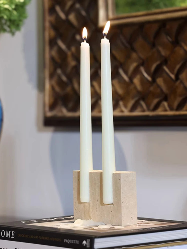 Handmade Travertine Candle Holder for Taper Candles β 2-Hole Stone Candlestick for Wedding Centerpieces, Table Decor, Rustic Minimalist Home Gift