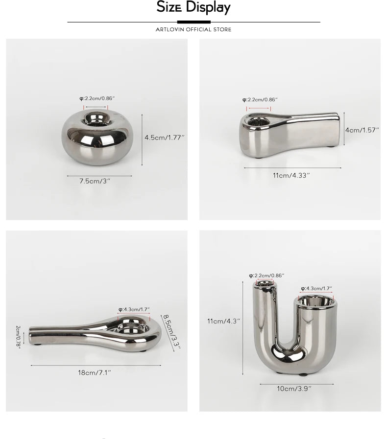 Metallic Minimalist Candlestick Holders – Luxury Sculptural Silver & White Ceramic Candle Stands