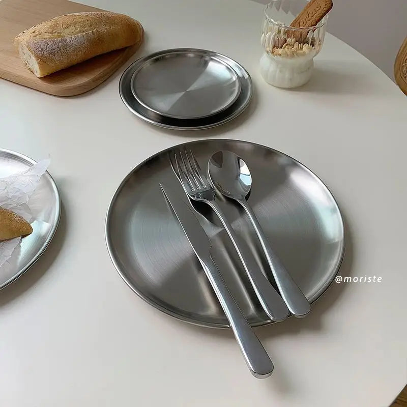 Brushed Stainless Steel Round Plate Set – Nordic Minimalist Dining