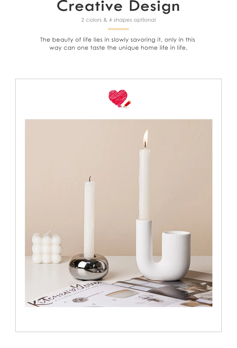 Metallic Minimalist Candlestick Holders – Luxury Sculptural Silver & White Ceramic Candle Stands