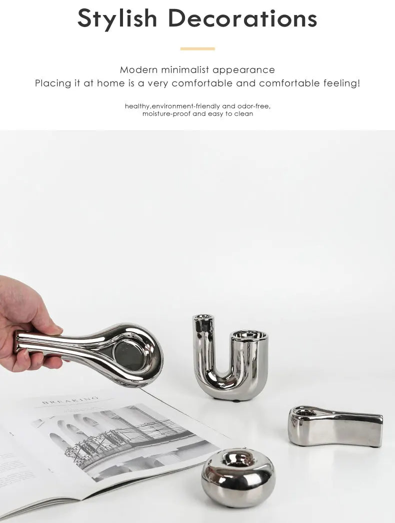 Metallic Minimalist Candlestick Holders – Luxury Sculptural Silver & White Ceramic Candle Stands