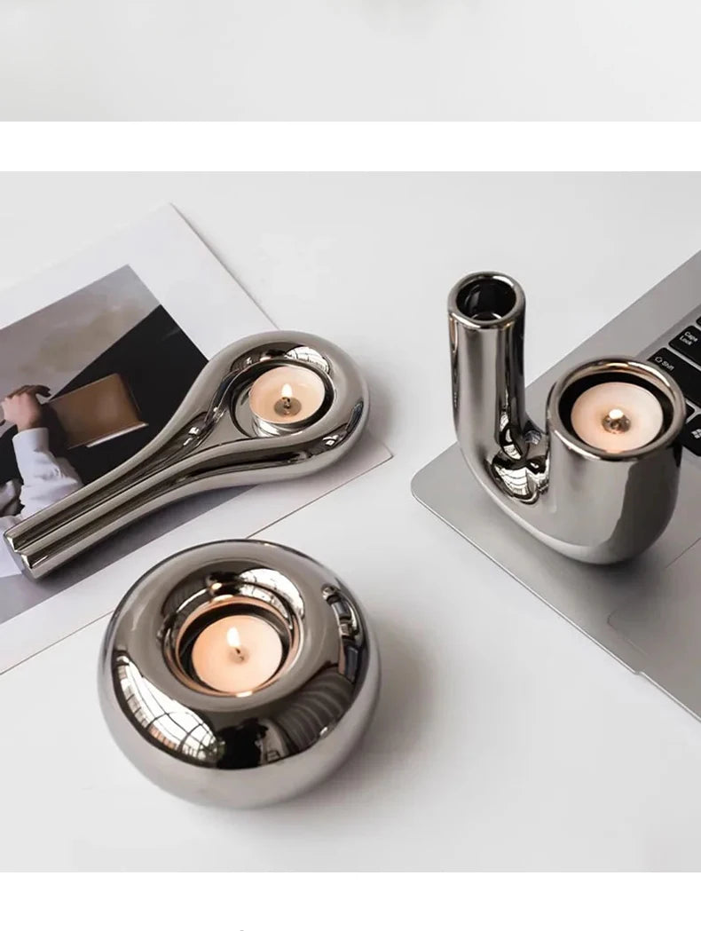Metallic Minimalist Candlestick Holders – Luxury Sculptural Silver & White Ceramic Candle Stands