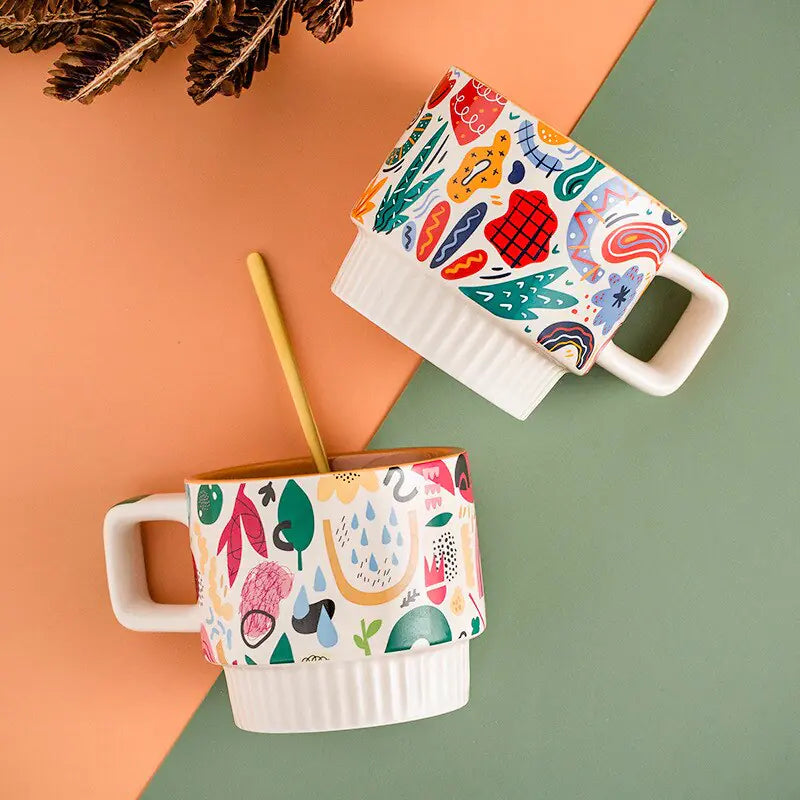 Boho Ceramic Mug Set – Vintage Aesthetic Coffee & Tea Cups (Stackable, Hand-Painted, 330ml
