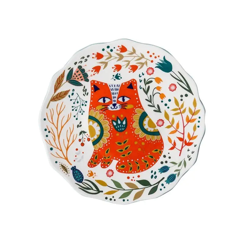Colorful Flower Kitten Under Glazed Ceramic Dinner Plate