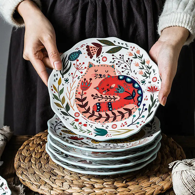 Colorful Flower Kitten Under Glazed Ceramic Dinner Plate
