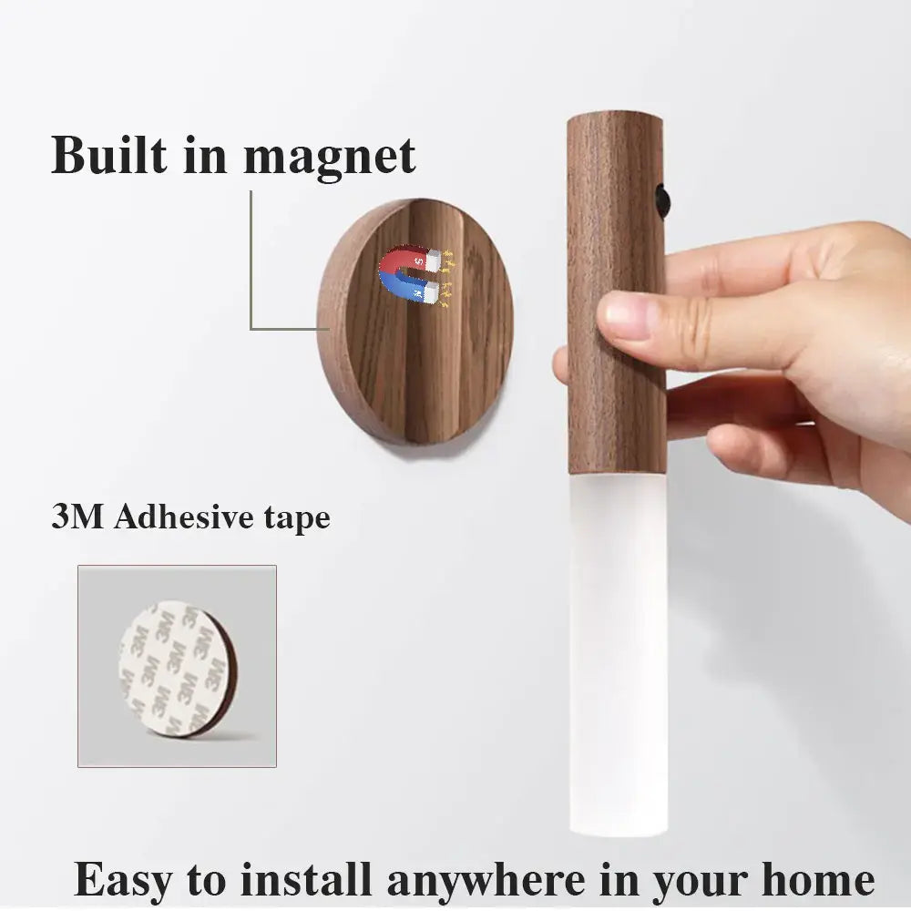 Magnetic LED Wooden Night Light – USB Rechargeable Protable Wall Lamp for Home & Bedroom (Minimalist & Touch Control