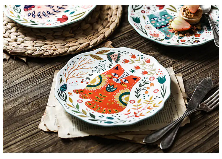 Colorful Flower Kitten Under Glazed Ceramic Dinner Plate