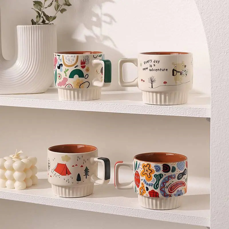 Boho Ceramic Mug Set – Vintage Aesthetic Coffee & Tea Cups (Stackable, Hand-Painted, 330ml