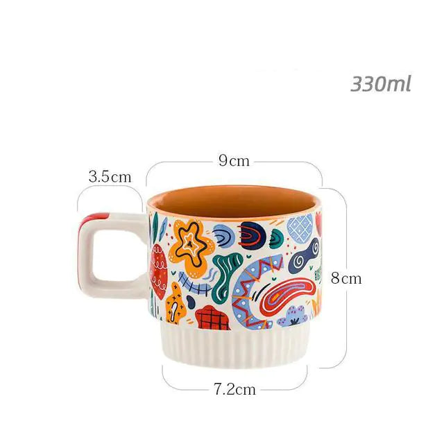 Boho Ceramic Mug Set – Vintage Aesthetic Coffee & Tea Cups (Stackable, Hand-Painted, 330ml