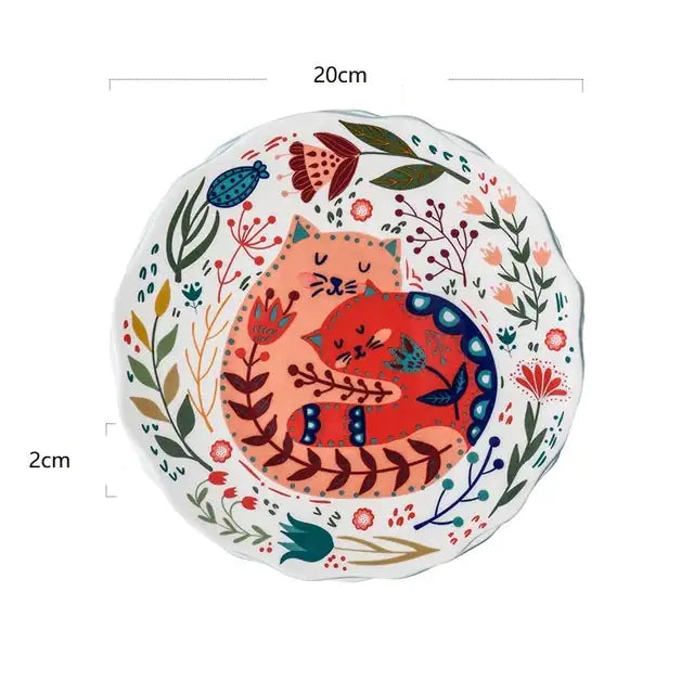 Colorful Flower Kitten Under Glazed Ceramic Dinner Plate
