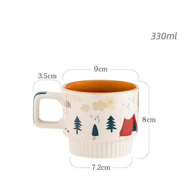 Boho Ceramic Mug Set – Vintage Aesthetic Coffee & Tea Cups (Stackable, Hand-Painted, 330ml
