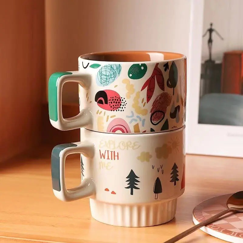 Boho Ceramic Mug Set – Vintage Aesthetic Coffee & Tea Cups (Stackable, Hand-Painted, 330ml