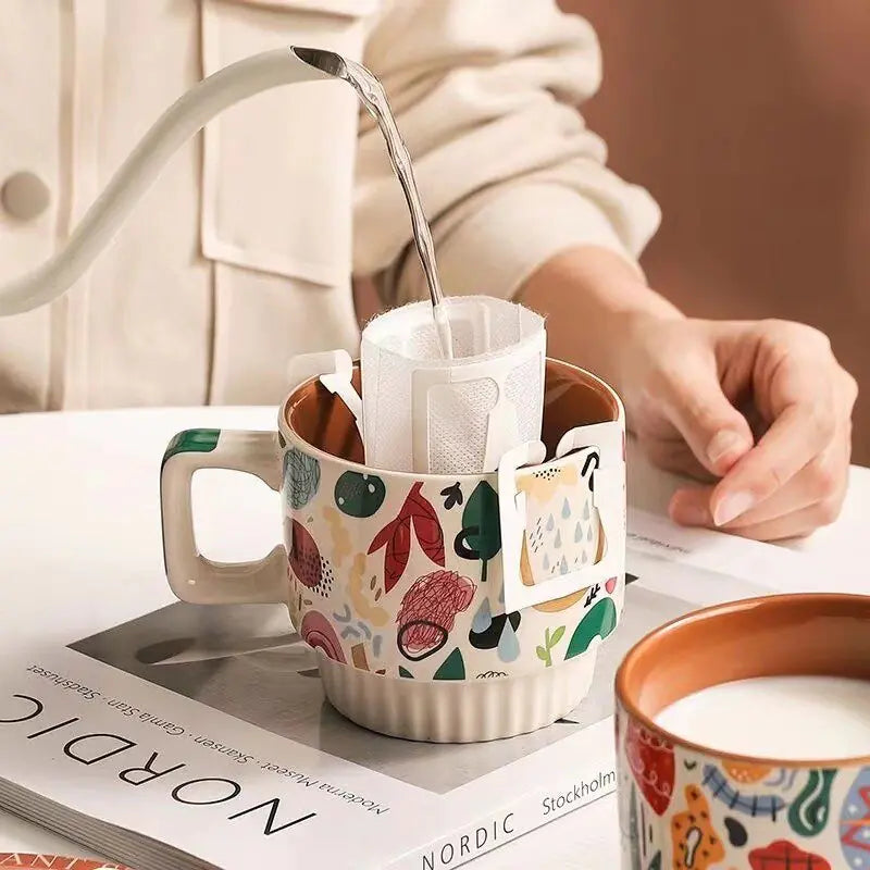 Boho Ceramic Mug Set – Vintage Aesthetic Coffee & Tea Cups (Stackable, Hand-Painted, 330ml