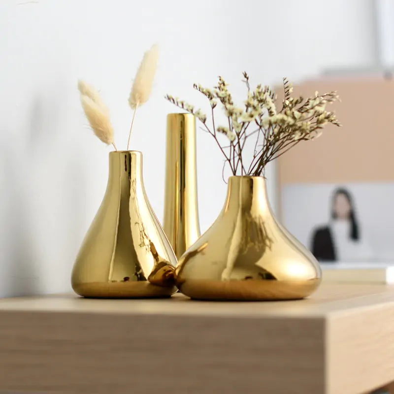 Gold Metal Vase Set – Contemporary Minimalist Home Decor for Flowers & Pampas Grass