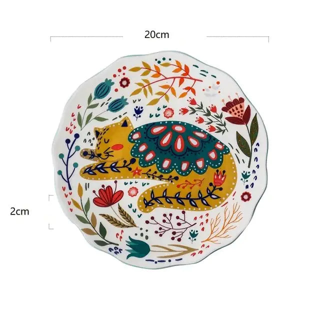 Colorful Flower Kitten Under Glazed Ceramic Dinner Plate