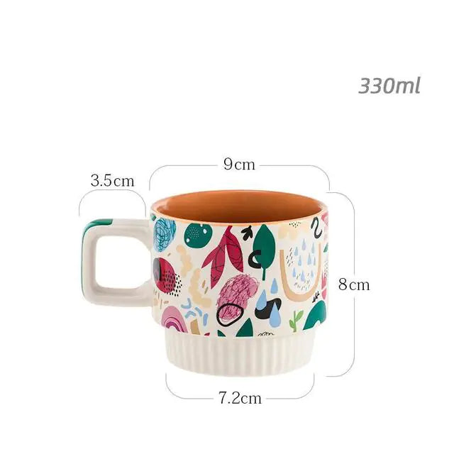 Boho Ceramic Mug Set – Vintage Aesthetic Coffee & Tea Cups (Stackable, Hand-Painted, 330ml