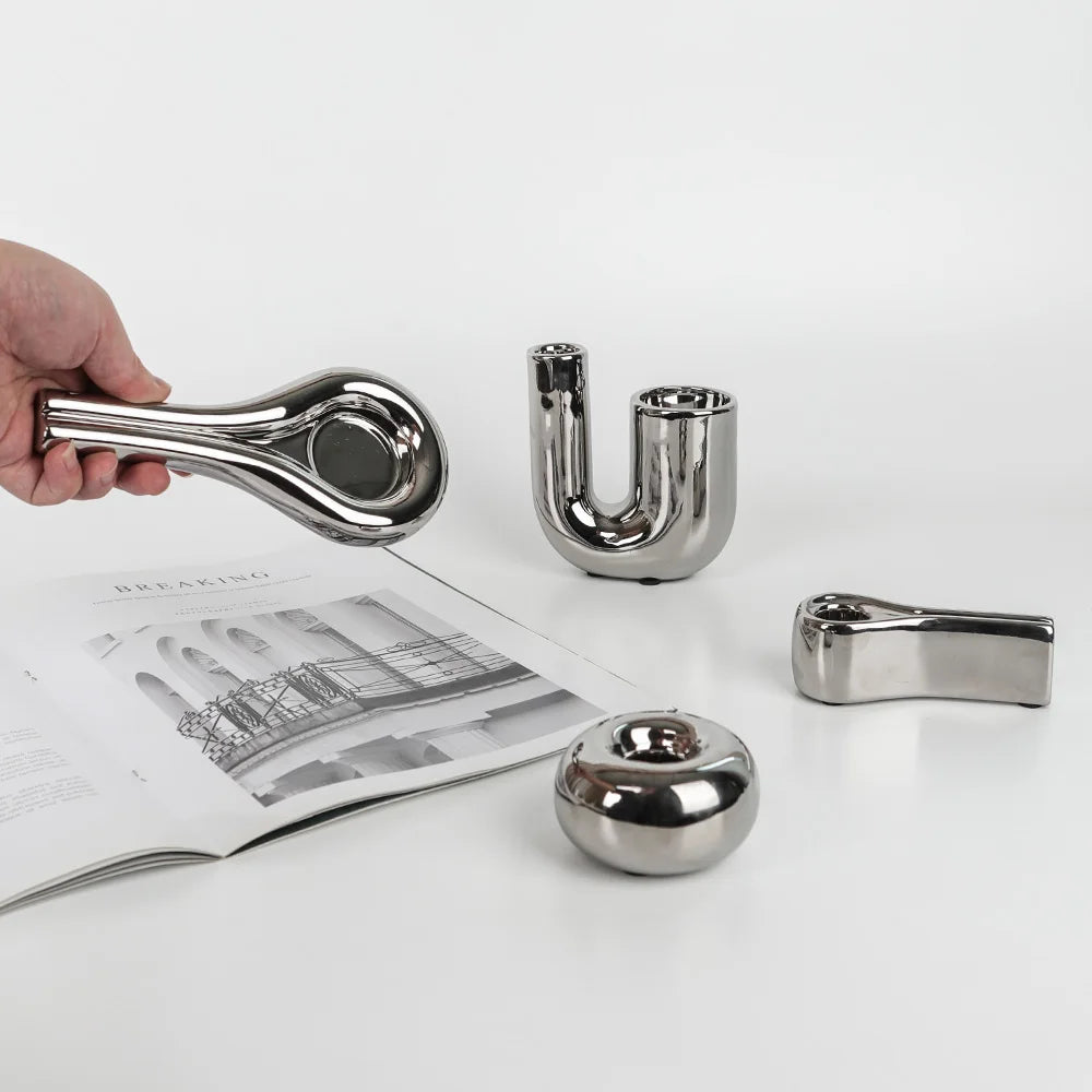 Metallic Minimalist Candlestick Holders – Luxury Sculptural Silver & White Ceramic Candle Stands