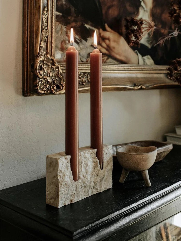 Handmade Travertine Candle Holder for Taper Candles – 2-Hole Stone Candlestick for Wedding Centerpieces, Table Decor, Rustic Minimalist Home Gift
