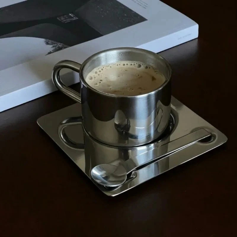 Alba Tazza No.1- Nordic Mirror-Finish Stainless Steel Coffee Cup Set (175ml) – 3-Piece