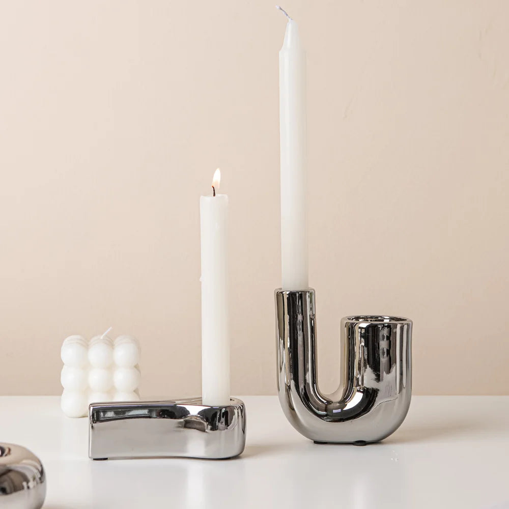 Metallic Minimalist Candlestick Holders – Luxury Sculptural Silver & White Ceramic Candle Stands