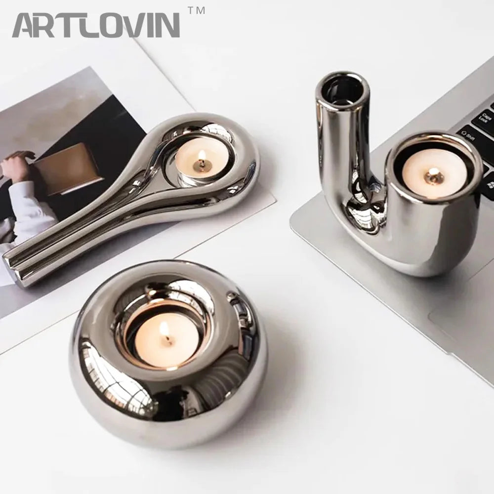 Metallic Minimalist Candlestick Holders – Luxury Sculptural Silver & White Ceramic Candle Stands