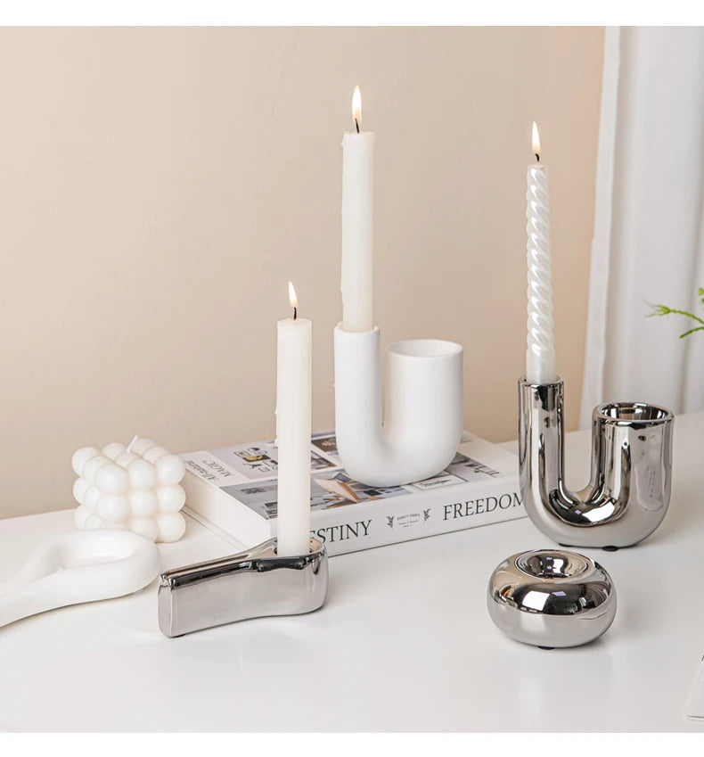 Metallic Minimalist Candlestick Holders – Luxury Sculptural Silver & White Ceramic Candle Stands
