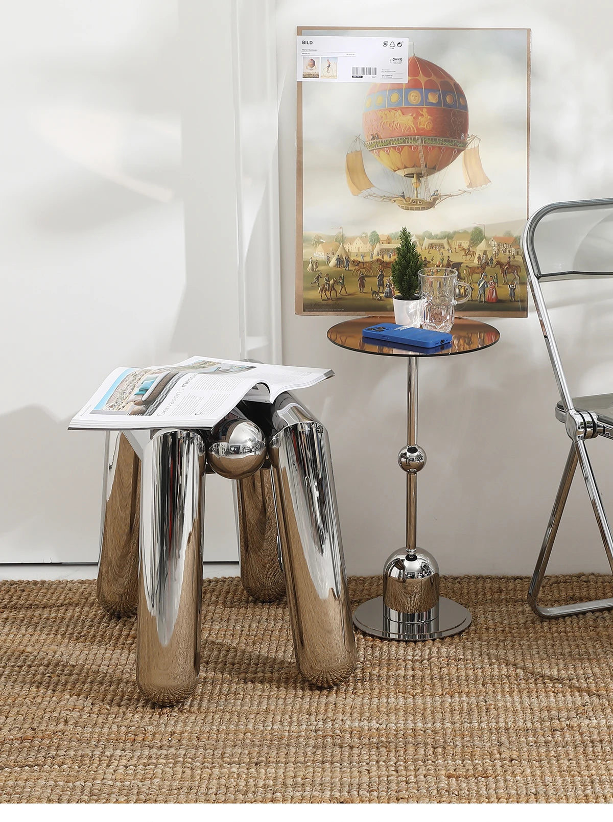 Luno Seat No.1 - Sculptural Stainless Steel Stool – Modern Chrome Accent Seating for Living Space
