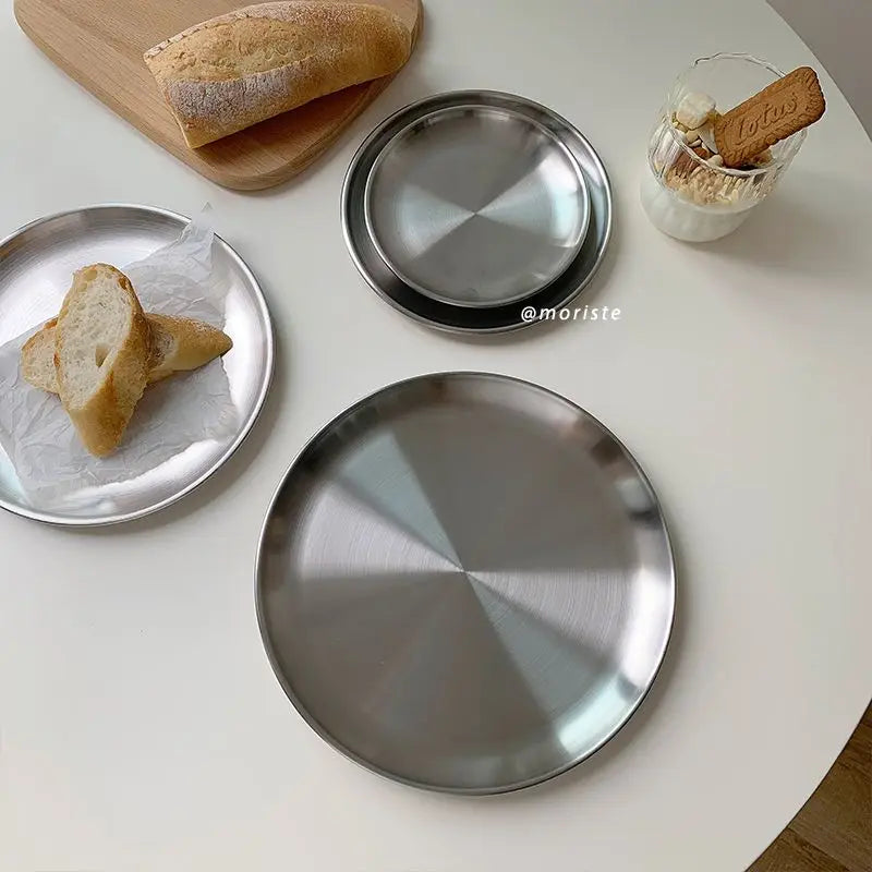 Brushed Stainless Steel Round Plate Set – Nordic Minimalist Dining