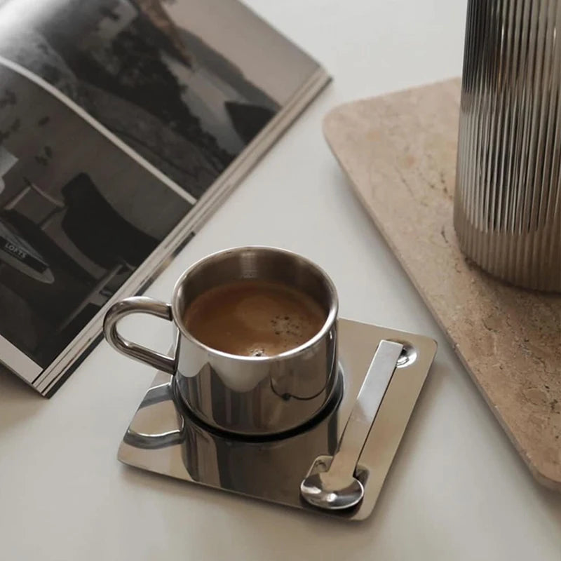 Alba Tazza No.1- Nordic Mirror-Finish Stainless Steel Coffee Cup Set (175ml) – 3-Piece
