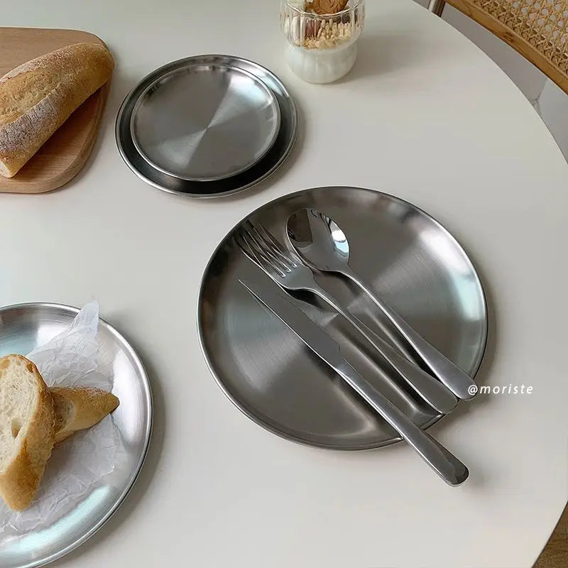 Brushed Stainless Steel Round Plate Set – Nordic Minimalist Dining