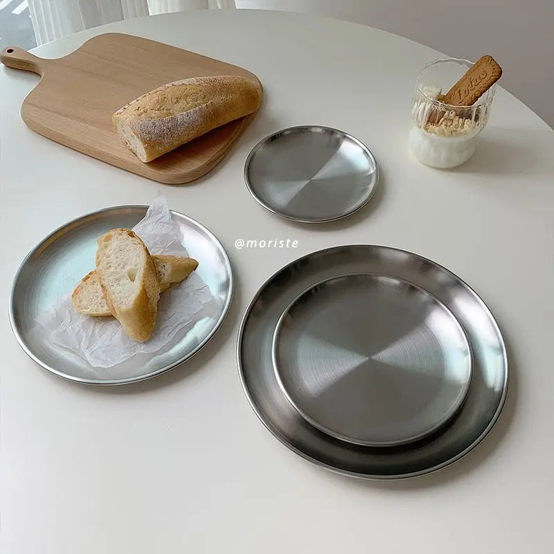 Brushed Stainless Steel Round Plate Set – Nordic Minimalist Dining