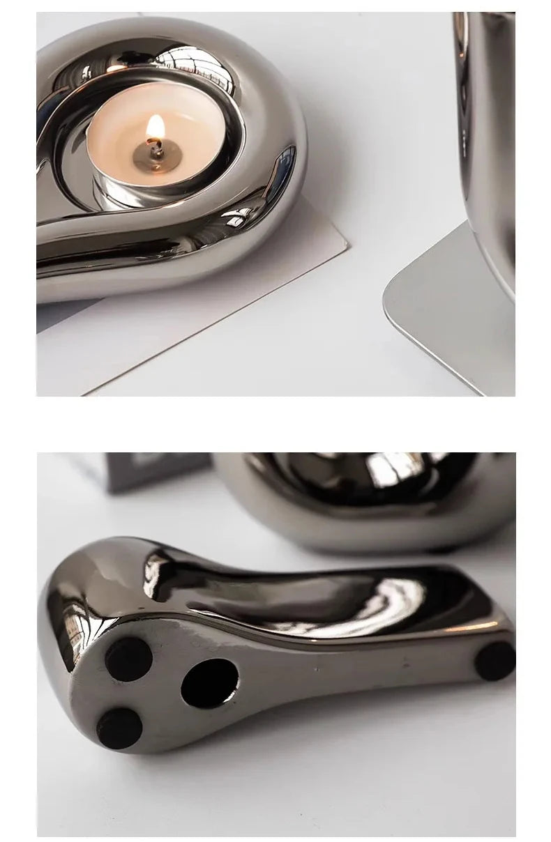 Metallic Minimalist Candlestick Holders – Luxury Sculptural Silver & White Ceramic Candle Stands
