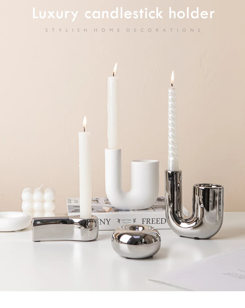 Metallic Minimalist Candlestick Holders – Luxury Sculptural Silver & White Ceramic Candle Stands