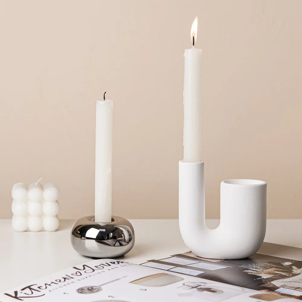 Metallic Minimalist Candlestick Holders – Luxury Sculptural Silver & White Ceramic Candle Stands