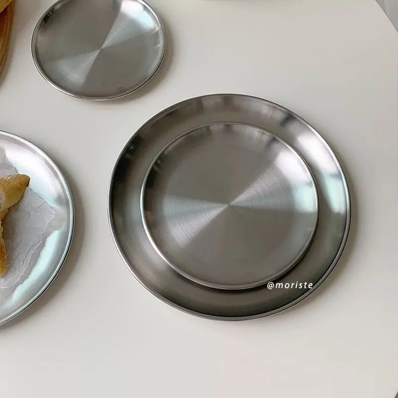 Brushed Stainless Steel Round Plate Set – Nordic Minimalist Dining