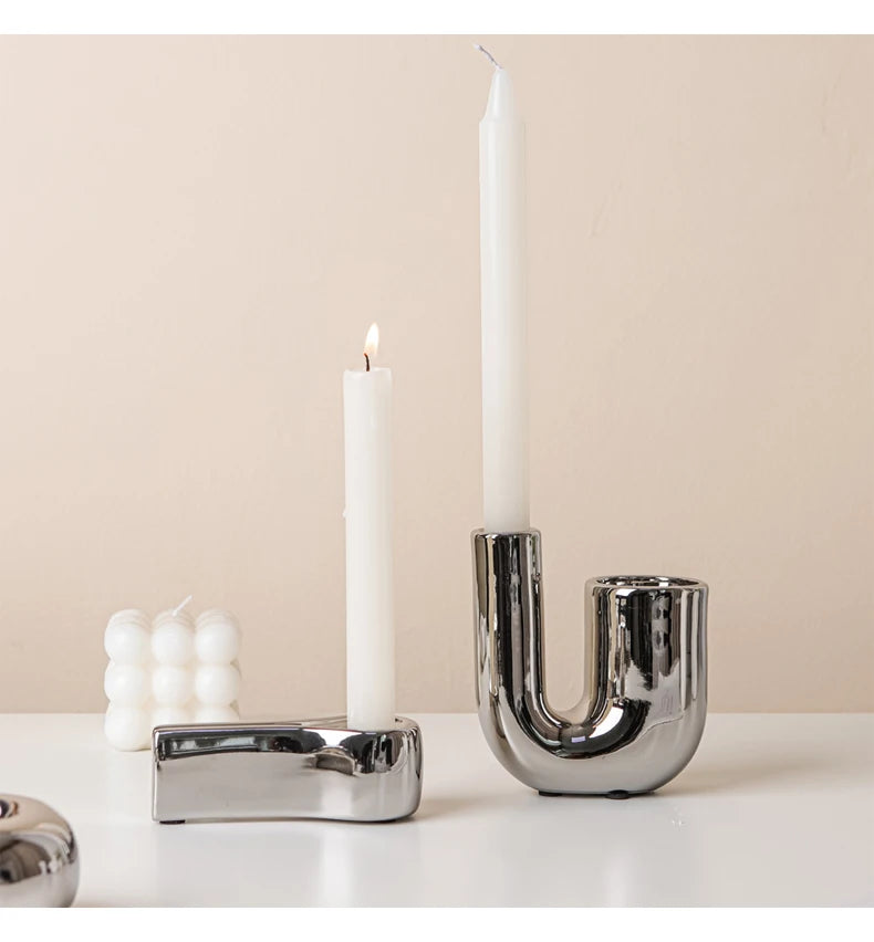 Metallic Minimalist Candlestick Holders – Luxury Sculptural Silver & White Ceramic Candle Stands