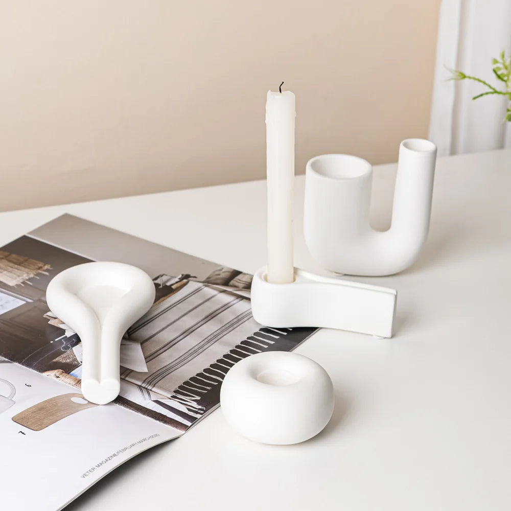 Metallic Minimalist Candlestick Holders – Luxury Sculptural Silver & White Ceramic Candle Stands