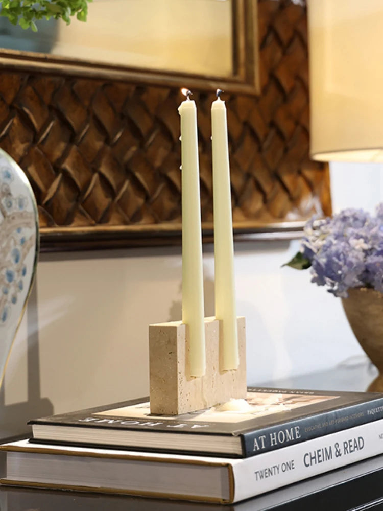 Handmade Travertine Candle Holder for Taper Candles – 2-Hole Stone Candlestick for Wedding Centerpieces, Table Decor, Rustic Minimalist Home Gift