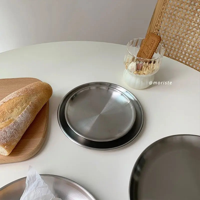 Brushed Stainless Steel Round Plate Set – Nordic Minimalist Dining