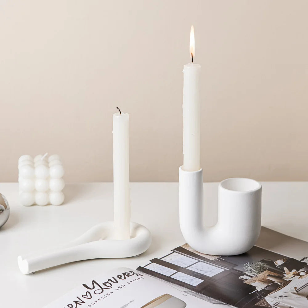 Metallic Minimalist Candlestick Holders – Luxury Sculptural Silver & White Ceramic Candle Stands