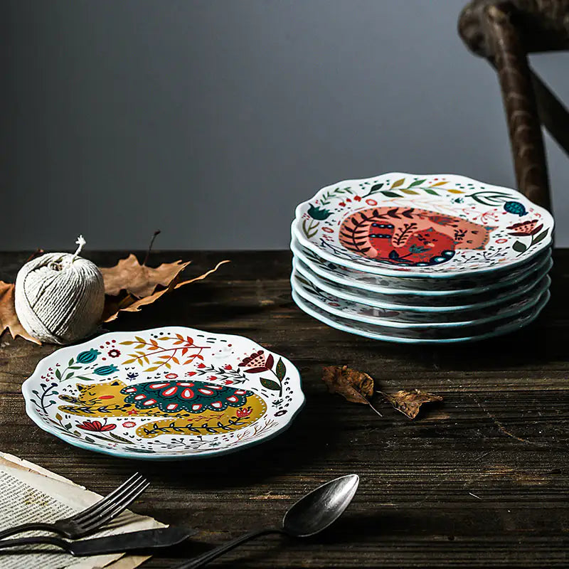 Colorful Flower Kitten Under Glazed Ceramic Dinner Plate