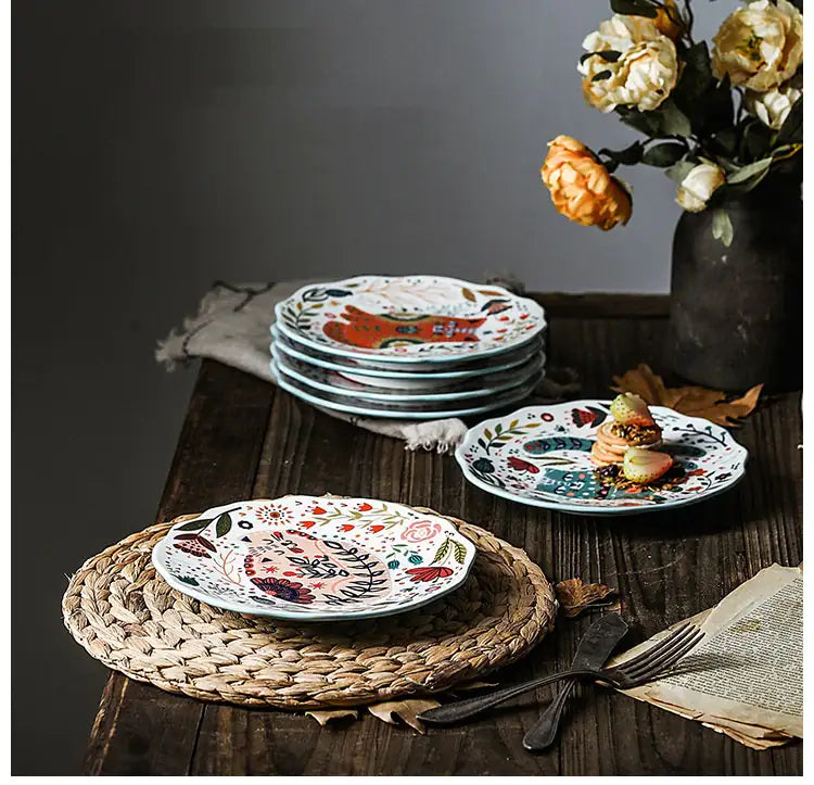 Colorful Flower Kitten Under Glazed Ceramic Dinner Plate