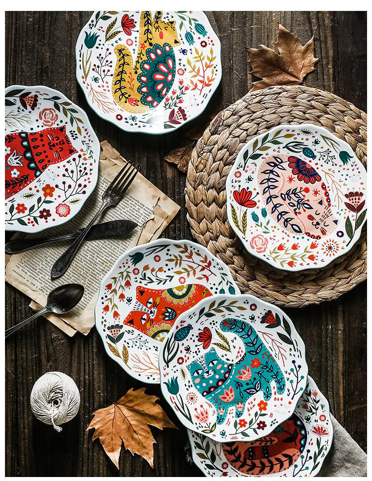 Colorful Flower Kitten Under Glazed Ceramic Dinner Plate