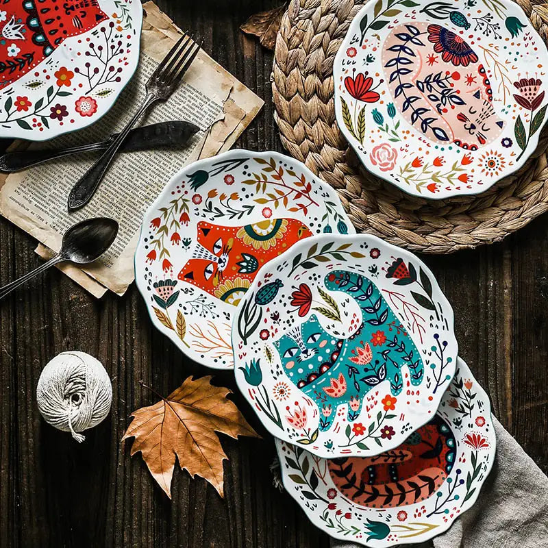 Colorful Flower Kitten Under Glazed Ceramic Dinner Plate