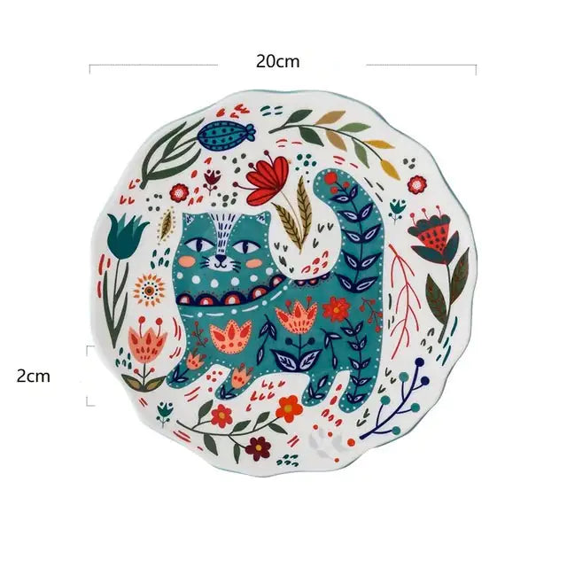 Colorful Flower Kitten Under Glazed Ceramic Dinner Plate