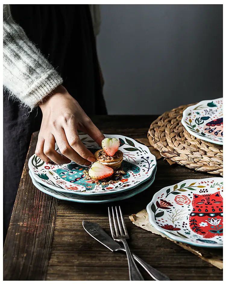 Colorful Flower Kitten Under Glazed Ceramic Dinner Plate